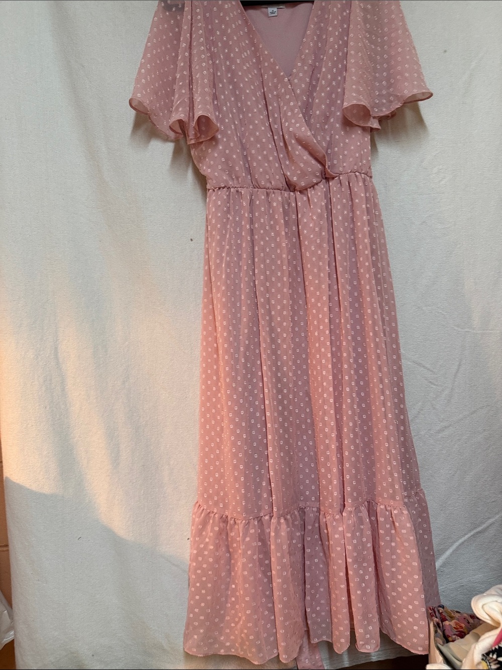 Pink Dot Wrap Mid knee Maxi Dress with Flutter Sleeves/ belt